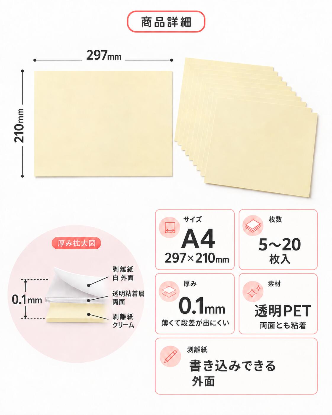 両面粘着シート 透明 A4 強力 5枚 10枚 20枚 PET 高耐久 両面テープ 薄型 クリア フィルム 黄変しにくい 粘着テープ DIY 工作 ハンドメイド 手芸 ポスター 写真 壁 固定 補修 便利グッズ